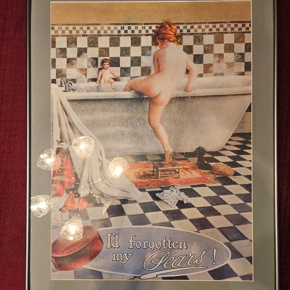 Pears' Soap Advertisement Framed 'A Bath With Dolly' Reproduction Of 1922 Card